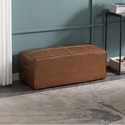 Rectangular Vegan Leather Ottoman Bench Pouf Pouffe Upholstered Foot Stool with Two Side Handle for Living Room Kids Room Bedroom, Brown(18 * 40 * 16 