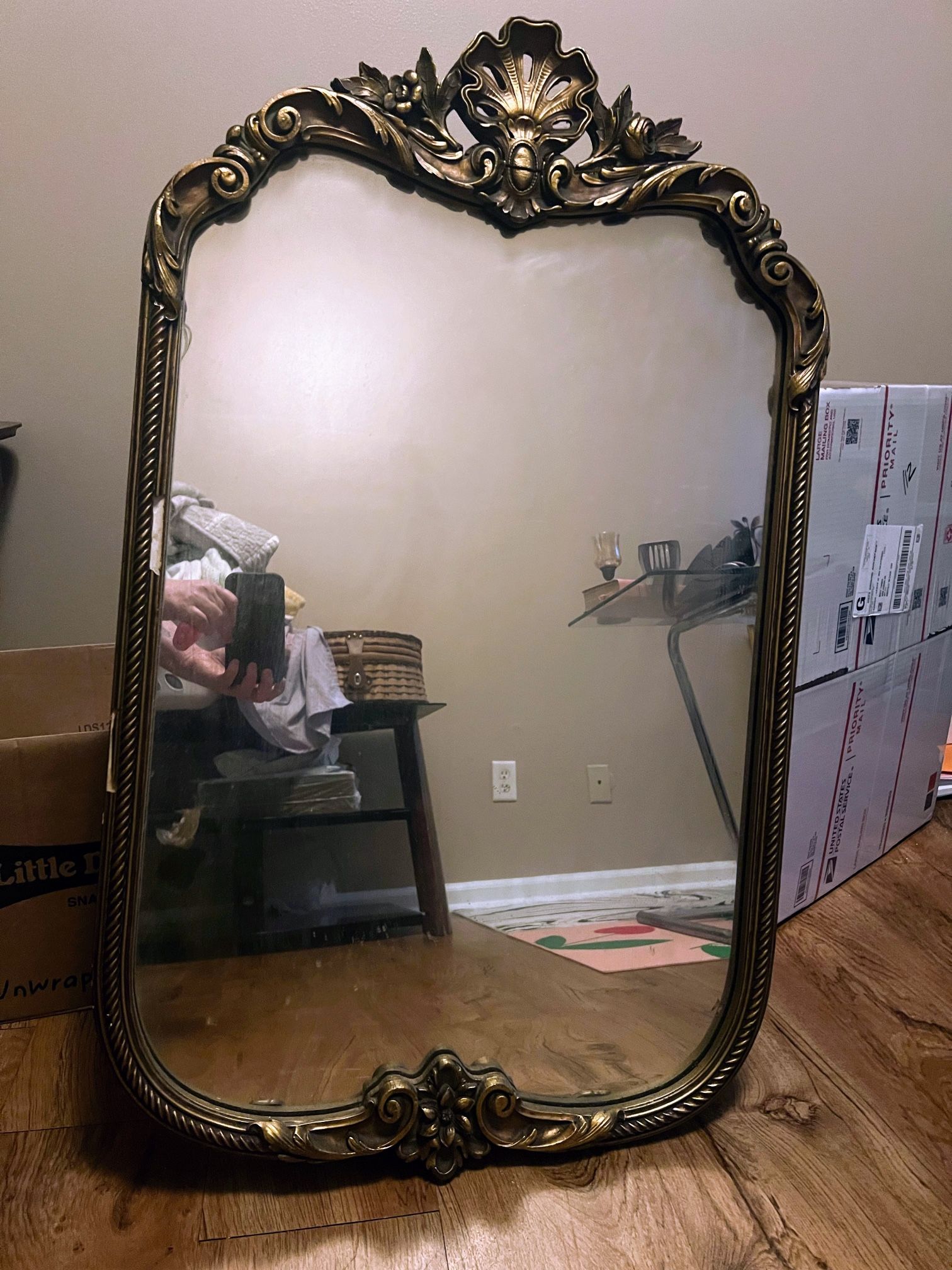 The antique Collins mirror measures around 28/29 high and 18/19 across.