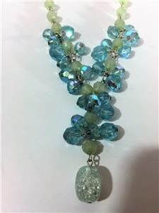 VINTAGE SIGNED ROBERT ROSE AB AQUA & MOONSTONE LUCITE DANGLE PENDANT NECKLACE