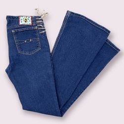 MUDD Vintage Y2K 2000’s Dark Blue Denim Lace Up Hips High Rise Flare Leg Jeans
