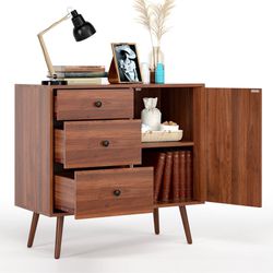 Storage Cabinet with 1 Side Cabinet and 3 Large Drawers, 1 Adjustable Shelf, Mid-Century Modern Sideboard, Drawer Dresser, 29.7" L TV Stand Freestandi