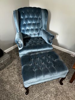 Vintage Slate Blue Velvet Tufted Queen Anne Wingback Chair & Ottoman