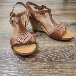 Indigo by Clarks Wedge Espadrille T Strap Sandals Brown Leather Women Sz 9M