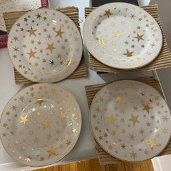 Vintage Sakura White Porcelain Holiday Gold Stars 7.25" Serving Plate Lot of 4
