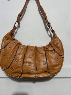 Tan Leather Hobo Bag with Chain Detail