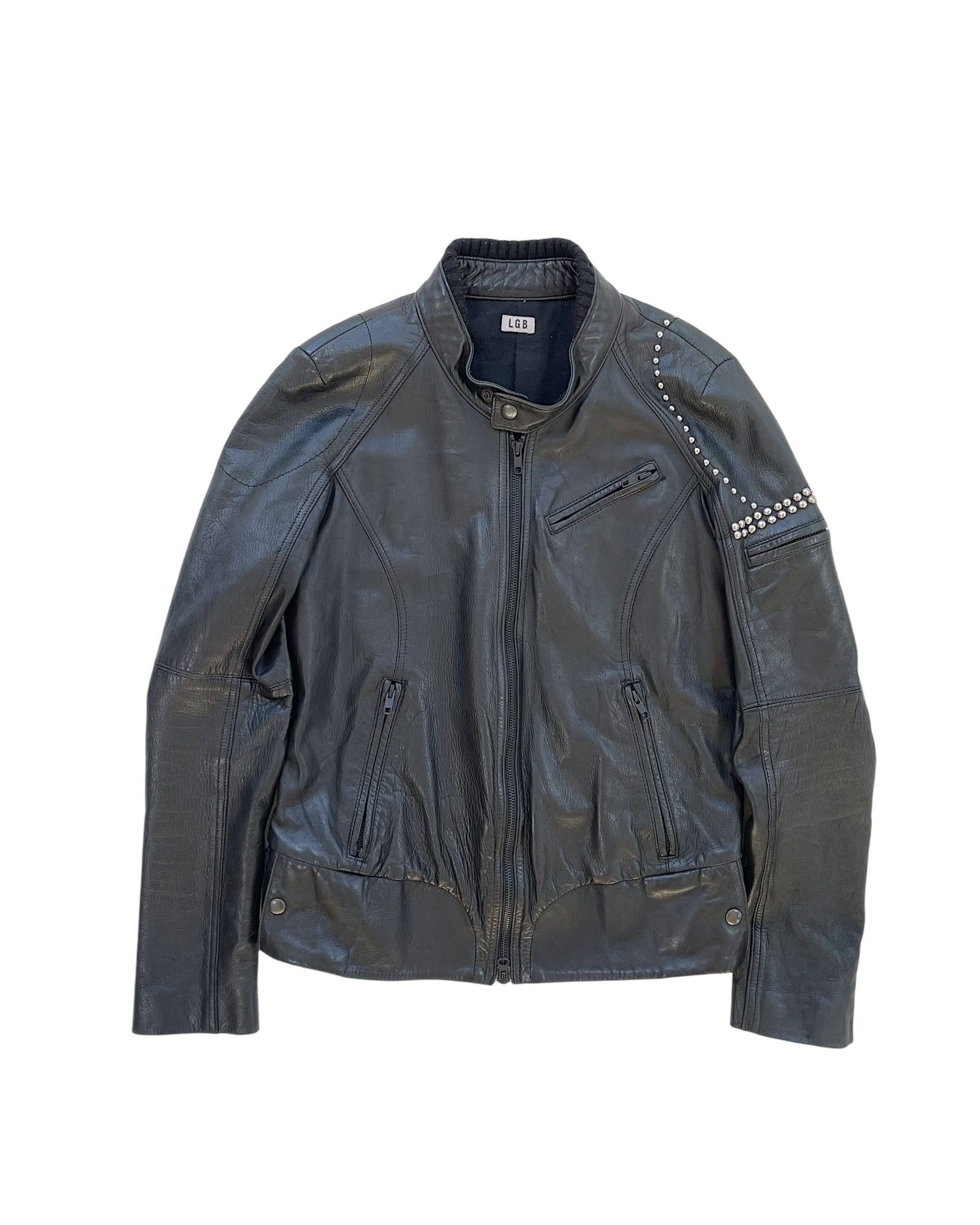 L.G.B. (Le Grand Bleu) SS-Riders Studded Padded Elbow Leather Moto Jacket Size: 2 Small Medium