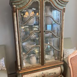 Antique-Style Painted Curio Cabinet with Glass Doors/Shelves and Drawer