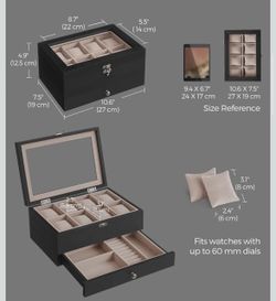 SONGMICS 8-Slot Watch Box 2-Tier Display Case w/ Large Glass Lid - Black