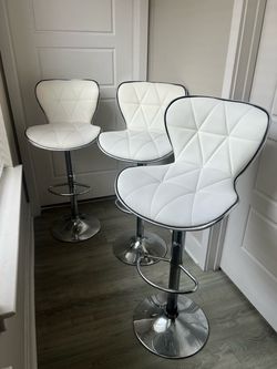 Shell Back Adjustable Swivel Bar Stools, PU Leather Padded with Back, Set of 3 (White)