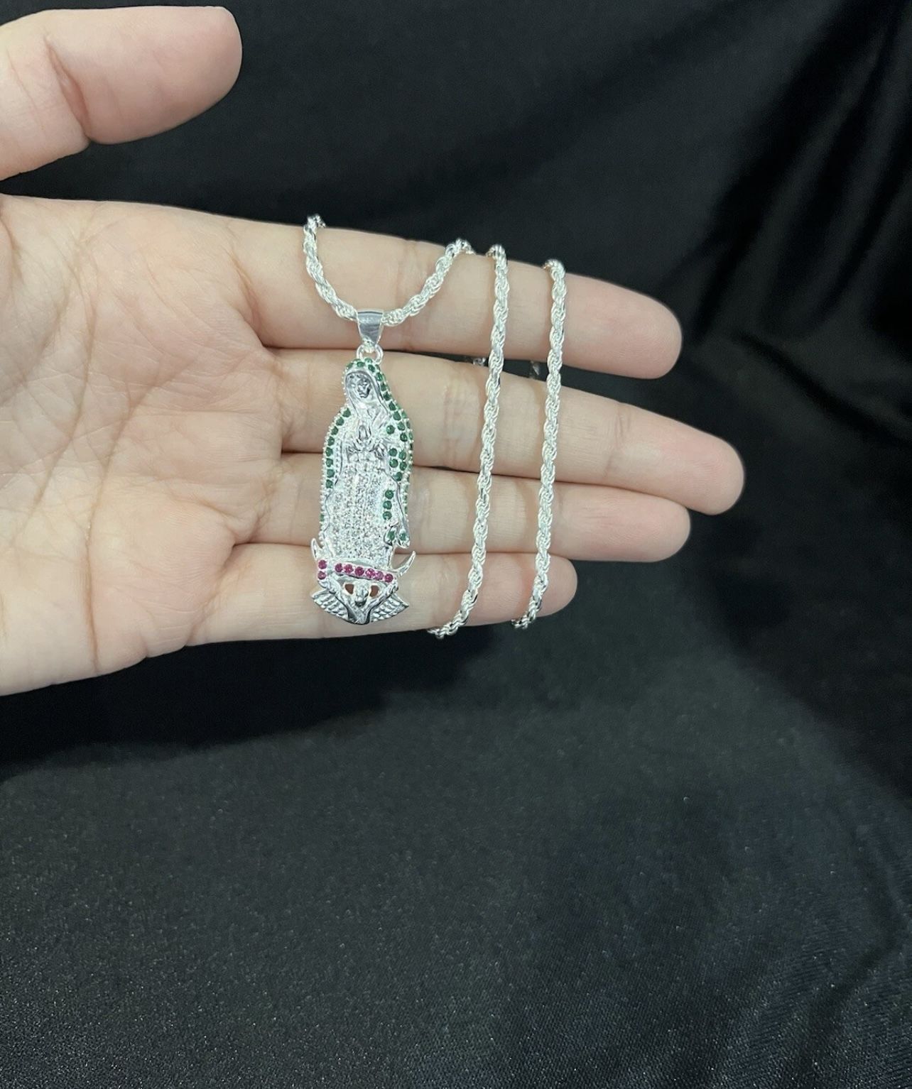 925 Sterling Silver Men Women Virgen Maria Virgin Mary CZ & Rope Chain