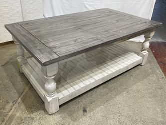 White & Grey Farmhouse Coffee Table on Wheels