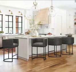Set Of 4 26 in. Black Gray Low Back Bar Stool with Metal Frame Counter Height Faux Leather Upholstered Counter Stool