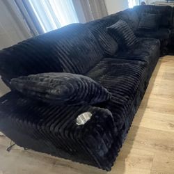 Black Sectional With Ottoman - Soft Fur Like Corduroy Fabric