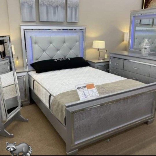 Silver Upholstered Bedroom Set Queen or King Bed Dresser Nightstand and mirror Chest Options allura