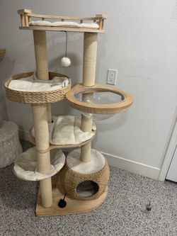 Happy & Polly Multi-Level 55.5-in Whispering Hollow Natural Wood Cat Tree, Beige