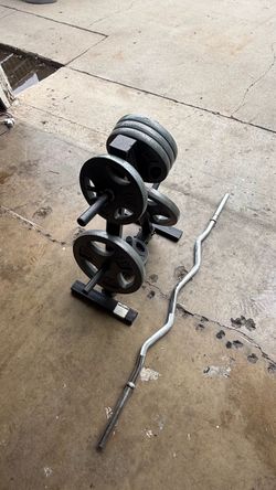 Weights with Curl bar and Rack