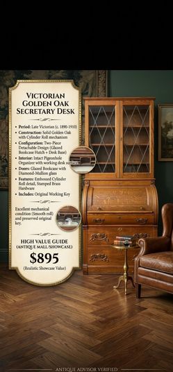 Victorian Golden Oak Cylinder Roll Secretary Desk
