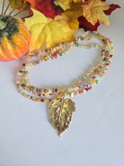 Georgeous Vintage 1970's Fall Sterling Silver Gold Plated (Vermeil) Leaf Pendant and Beaded Resin Necklace 