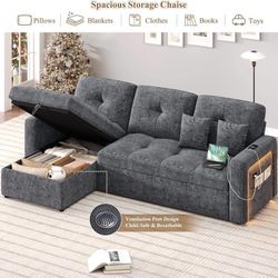 81'' LED L-Shaped Sectional Couch for Living Room, Sleeper Sofa Bed, Grey Comfy Chenille Cloud Couch, Pull Out Bed, Storage Chaise, 5-level Adjustable