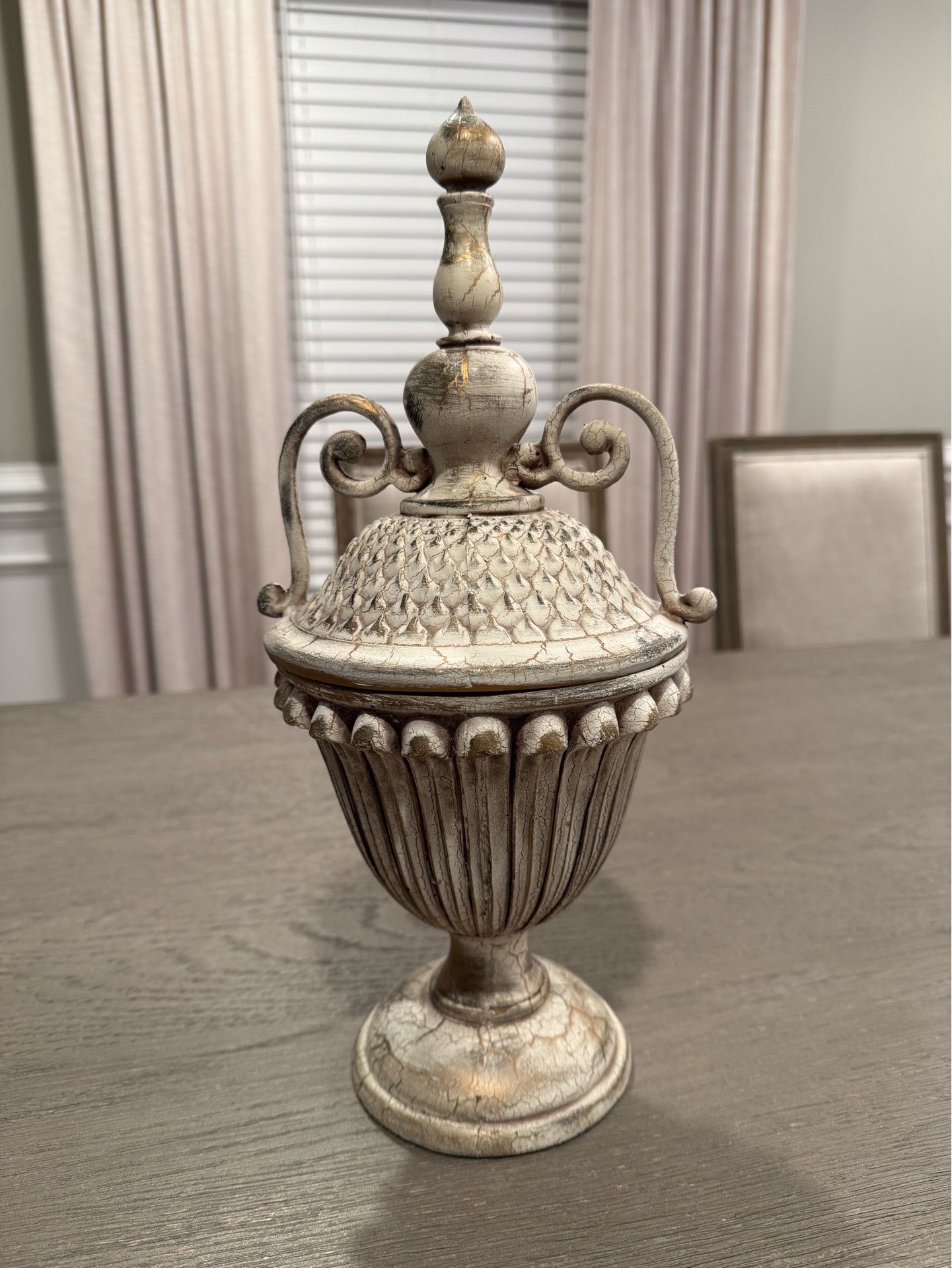Vintage Vase/Jar Urn With Distressed Weathered Finish and Metal Scroll Design
