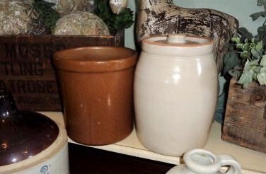 Vintage Brown Farmhouse Stoneware Crock & Stoneware Biscuit Jar 