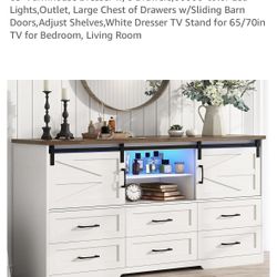 63" Dresser w/6 Drawers, Led Lights, Outlet, Large Chest of Drawers w/Sliding Barn Doors, Adjustable Shelves
