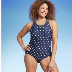 Lands' End Full Coverage Polka Dot High Neck Tugless One Piece Swimsuit new