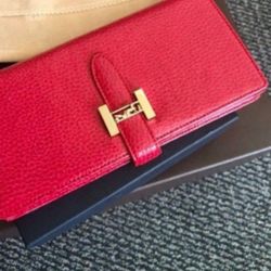 NEW Women Men Unisex Genius Leather Real Calf Leather Gold Hardware Horse Luxury Red Long Wallet 