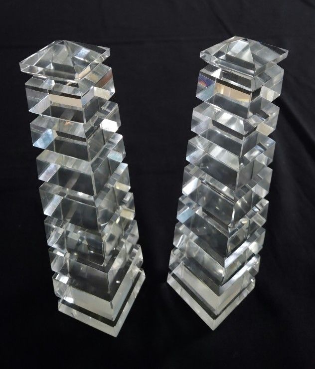 2 Gorgeous Obelisk Cut Glass/Crystal 10.5"x2.5" Each Beveled Edge Faceted