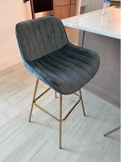 Set of 4 Gray Velvet Counter Height Bar Stools with Gold Legs