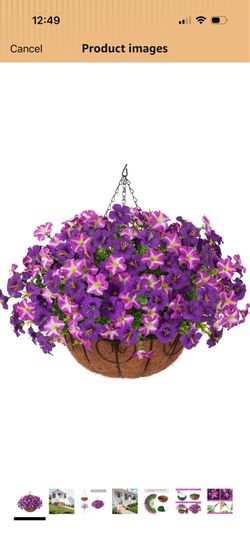 Artificial Outdoor Flowers Hanging Baskets Faux Plants Summer Decoration, UV Resistant Fake Silk Morning Glory in Planter Look Real Petunias for Outsi