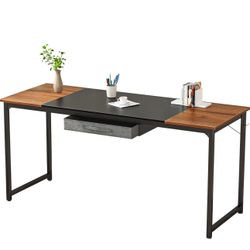 Computer Desk with Drawer 63" Study Writing Table for Home Office, Modern Simple Style PC Desk with Splice Board, Black Metal Frame, Black and Espress