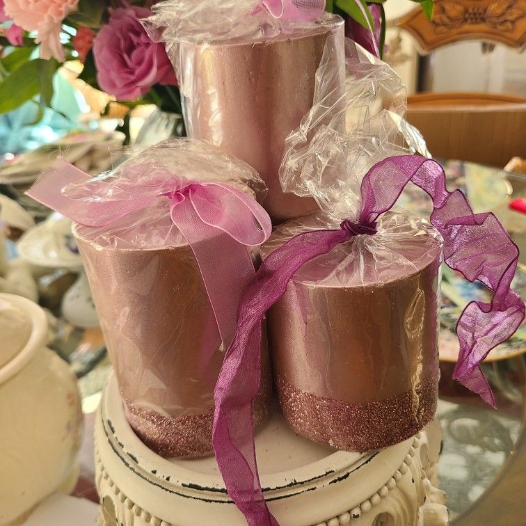 Pink Pillar Candles (3) Shabbychic Cottagecore Granny wedding