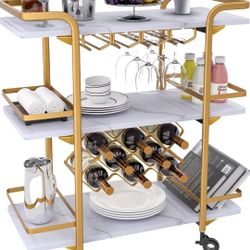 Bar Cart, 3-Tier Storage Serving Cart Rolling Wine Trolley Kitchen Island Cart with Wine Glass Holder, Handle Racks with Litght Stone Fi