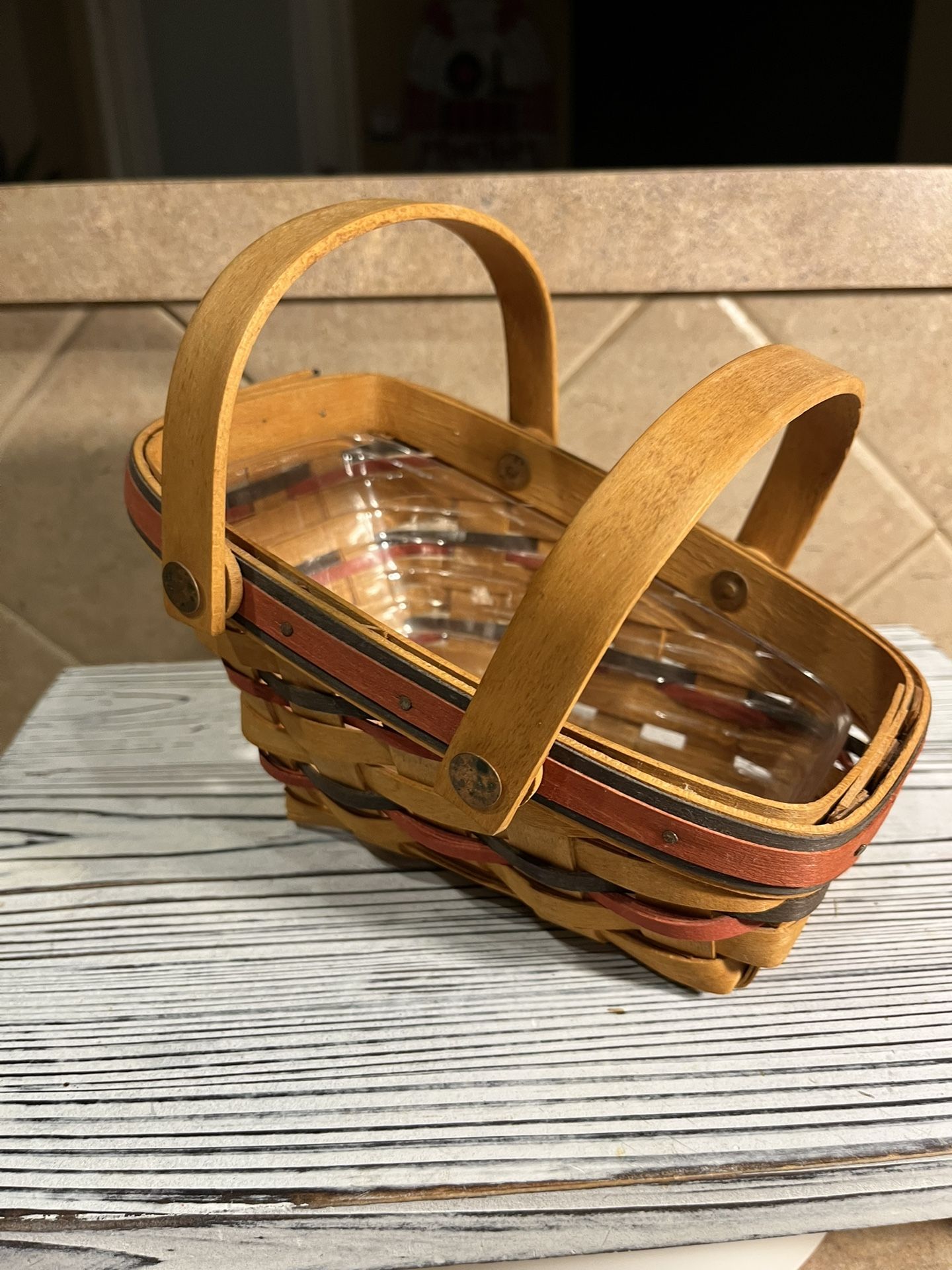 Vintage 1996 Slanted Blue & Red Basket with Double Handles & Plastic Liner