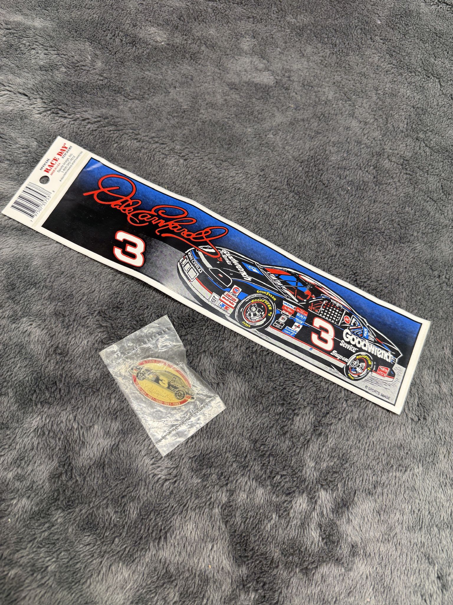 Awesome NASCAR Vintage Dale Earnhardt Bundle. 5-Time Winston Cup Champion Pin & Large Fan Sticker! Brand new!