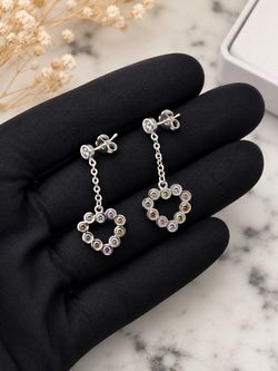 Silver Heart Drop Earrings with Multicolor Stones