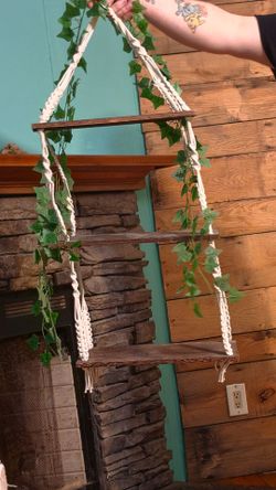 3 tier wooden macrame shelving unit