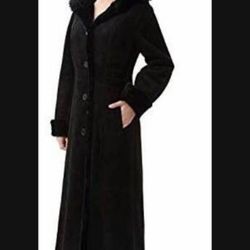 Real shearling and Suede Maxi Coat w Hood Black