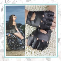 FINGERLIESS GLOVES LEATHER PUNK EMO GOTH ROCK BIKER BABE BLACK ROCKSTAR COOL