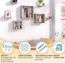 Wall Mounted Floating Shelves Set of 7 – 3 Square Shelves & 4 L-Shaped Shelves, Rustic Wall Décor - Grey