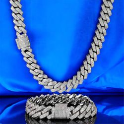 Mens 22 Inch Cuban Link Chain & 9 Inch Cuban Chain Bracelet Diamond Set