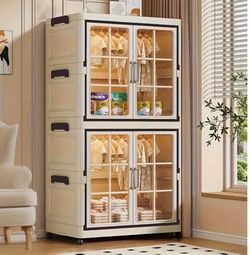 Stackable Storage Cabinet with Wheels Collapsible design, no-tool assembly, 360° swivel casters, space-saving 25.6"x15"x53.9". Ideal for closet, dorm,