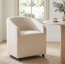 BESTANO Modern White Upholstered Dining Chairs with Swivel Casters, Linen Barrel Back Accent Side Chair for Dining Room Living Room, Beige
