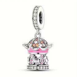 🎠 New! Silver Plated Pink Carousel Merry-Go-Round Charm w Cubic Zirconia Stones