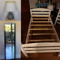 (2) Twin Wooden White Bed Frames, with IKEA Lamp & Black Mirror 