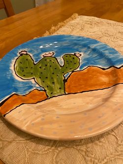 Saguaro cactus 8.5 inch ceramic signed pottery decor plate. Handmade. Whimsical decor . Southwest.