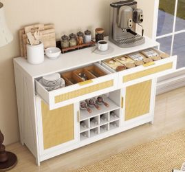 NEW IN BOX - White Rattan white Wine Cabinet / Coffee Bar /Sideboard Buffet with LED Lights