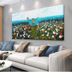 Wall Art Decor Blue Sea Wall Decor Colorful Flowers Scarecrow Landscape Print Painting Artwork Picture For Bedroom Apartment Bathroom 20x40 Inch