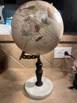 Desk Top World Globe w/Round Marble Base & Possible Brass Side Holder/Wooden Stand